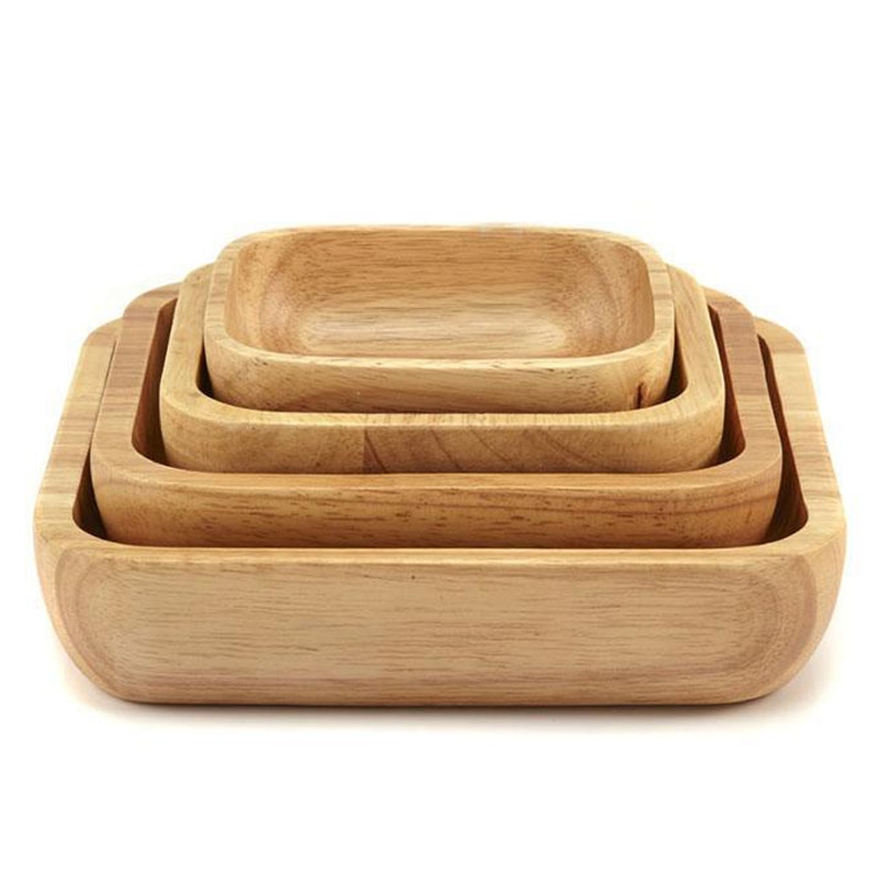 Square Wood Bowl 4 Sizes Salad Bowl Set Large Small Wooden Plate Snack Dessert Serving Dishes Food Container Wooden Tableware (5)